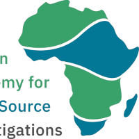 African content coloured in four green and turquoise ribbons. To the left of the image are the words "African Academy for Open Source Investigations" in four rows. The first two rows (three words) are green, the third row (fourth and fifth words) are blue, and the final line (final word) is black.
