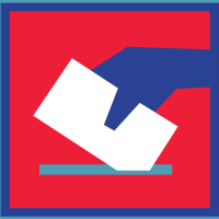Designed graphic of a hand placing a ballot into an slot.