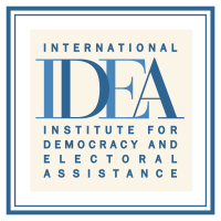 Text on khaki background, with blue border. Text reads "INTERNATIONAL INSTITUTE FOR DEMOCRACY AND ELECTORAL ASSISTANCE"
